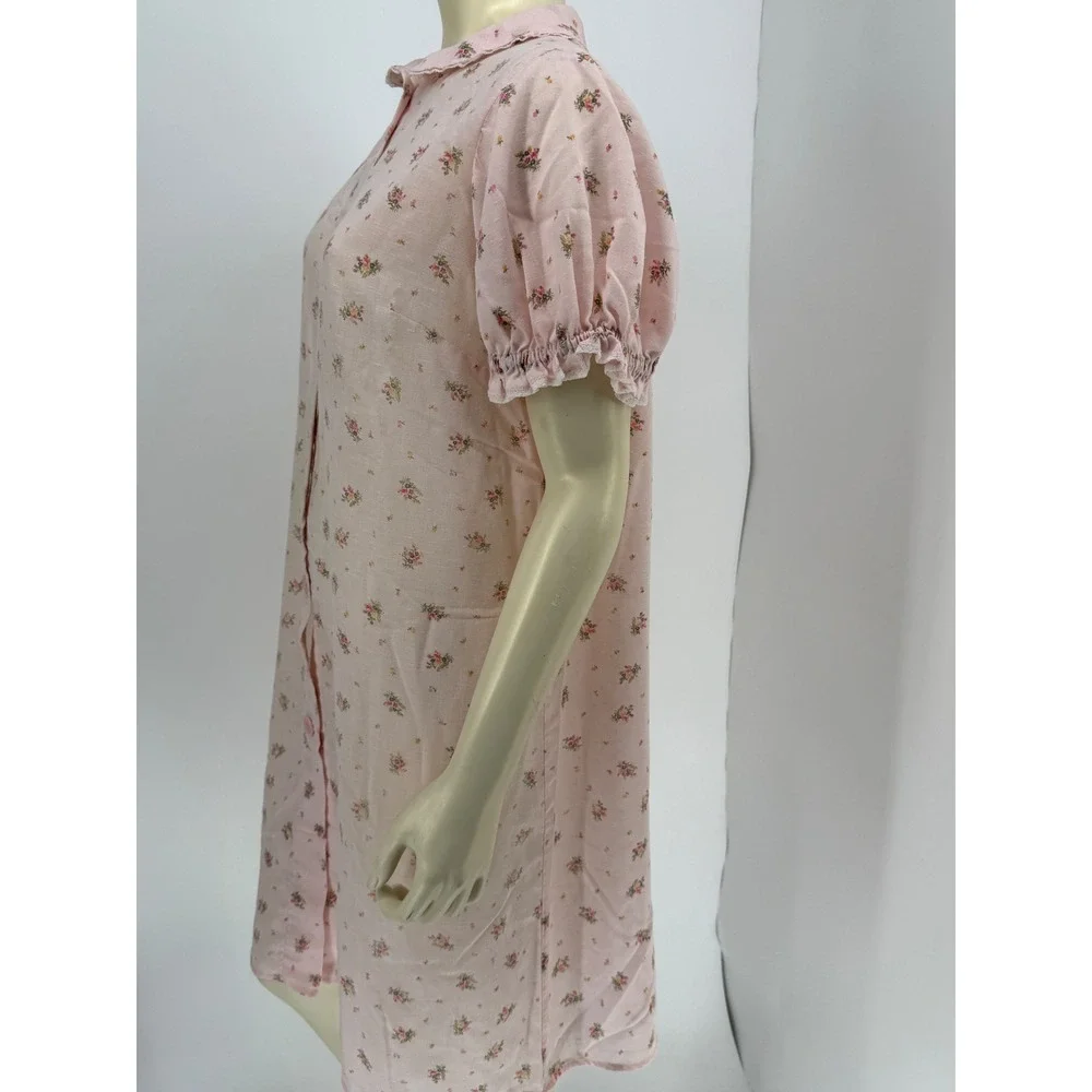 Vintage 1950s‎ Handmade Pink Floral Cotton Puff Sleeve House Robe Semi Sheer
